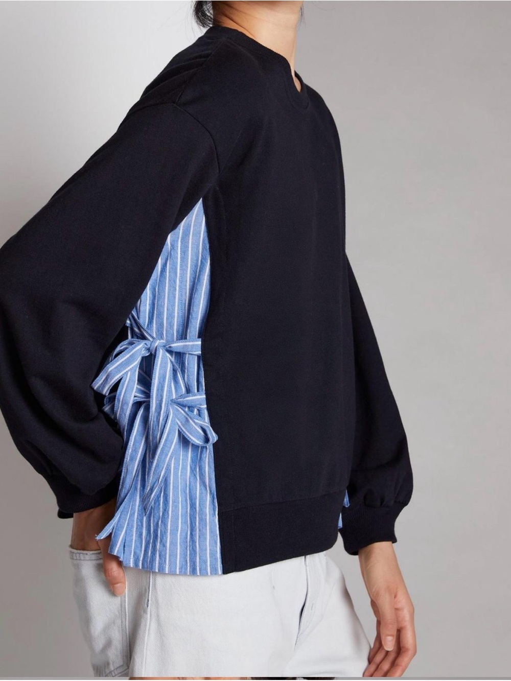 Porridge by Anthropologie Striped Side-Tie Pullover Top in Black and Blue
